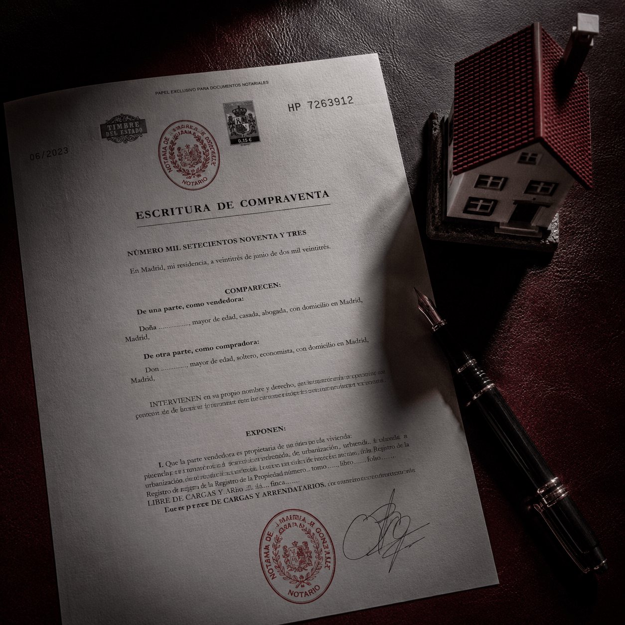 Modelo de vivienda sobre documento notarial y escritorio de despacho jurídico — protección patrimonial administrador empresa